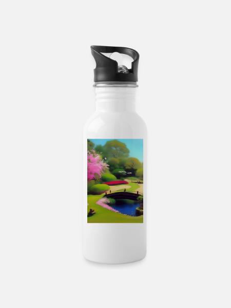 Chinesischer Zen Garten - Trinkflasche mit integriertem Trinkhalm - Weiß