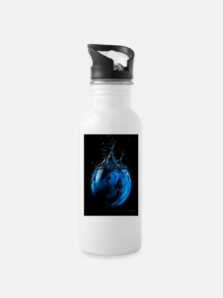 Tropfen blau 5 - Trinkflasche mit integriertem Trinkhalm - Weiß