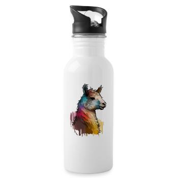 Alpaka Lama Kopf Regenbogen Farbtropfen - Trinkflasche mit integriertem Trinkhalm - Weiß - Rechts