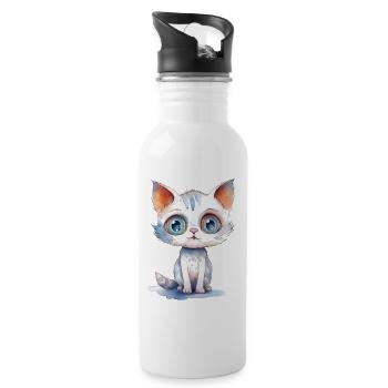 Cat Watercolor Drawing - Water bottle with straw - white - Right