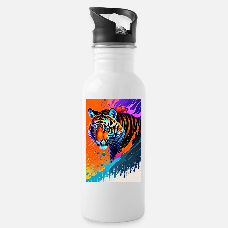 Buntes Kunst Potrait Tiger 1 - Trinkflasche mit integriertem Trinkhalm - Weiß