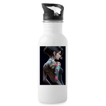 Ink Enchantress: Anime Beauty in a Black Dress - Water bottle with straw - white - Right