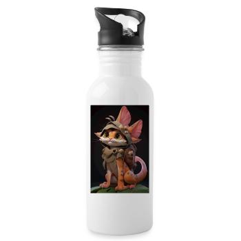 Dino Kitty: Entzückende Zeichnung einer Katze beim Cosplay - Trinkflasche mit integriertem Trinkhalm - Weiß - Rechts