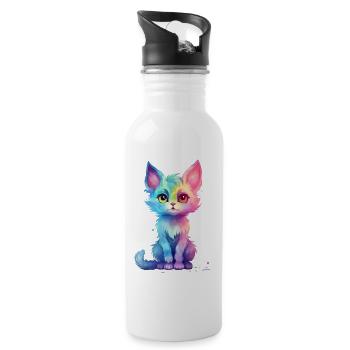 Süßes Aqua Pastell Buntes Katzendesign - Trinkflasche mit integriertem Trinkhalm - Weiß - Rechts