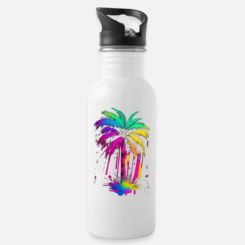Palme - Trinkflasche mit integriertem Trinkhalm - Weiß