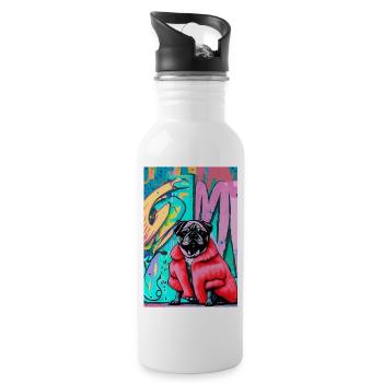 Pop-Art | Süßer Mops im roten Pelzmantel - Trinkflasche mit integriertem Trinkhalm - Weiß - Rechts