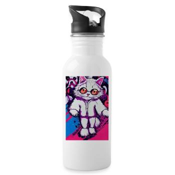 Crazy cat motif in pop art style - Water bottle with straw - white - Right