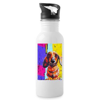 Modernes Pop-Art Print | Dackel mit Graffiti Bunt - Trinkflasche mit integriertem Trinkhalm - Weiß - Rechts