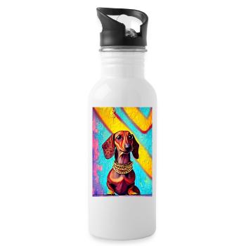 Modernes Pop-Art Print | Dackel mit Graffiti Bunt - Trinkflasche mit integriertem Trinkhalm - Weiß - Rechts