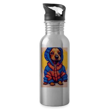 Pop Art Dachshund with Oversized Puffer Jacket - Water bottle with straw - silver - Right