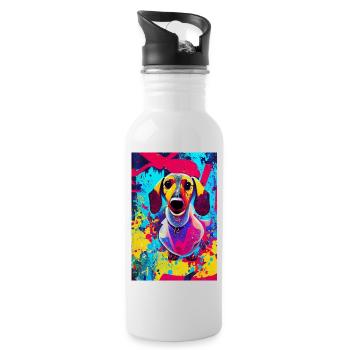 Modernes Pop-Art Print | Dackel mit Graffiti Bunt - Trinkflasche mit integriertem Trinkhalm - Weiß - Rechts