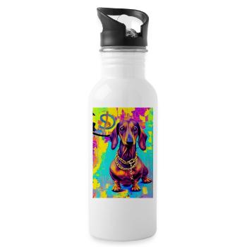Modernes Pop-Art Print | Dachs mit Graffiti Bunt - Trinkflasche mit integriertem Trinkhalm - Weiß - Rechts