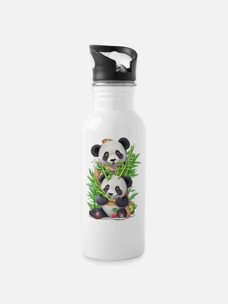 Panda Bär ißt Bambus - Trinkflasche mit integriertem Trinkhalm - Weiß