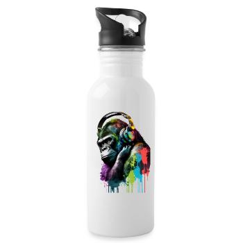 Gorilla Wearing Headphones Painting - Water bottle with straw - white - Right