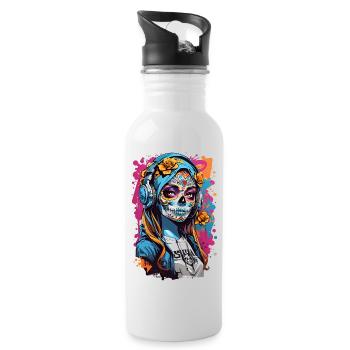 Totenkopfmädchen mit Kopfhörern - Trinkflasche mit integriertem Trinkhalm - Weiß - Rechts