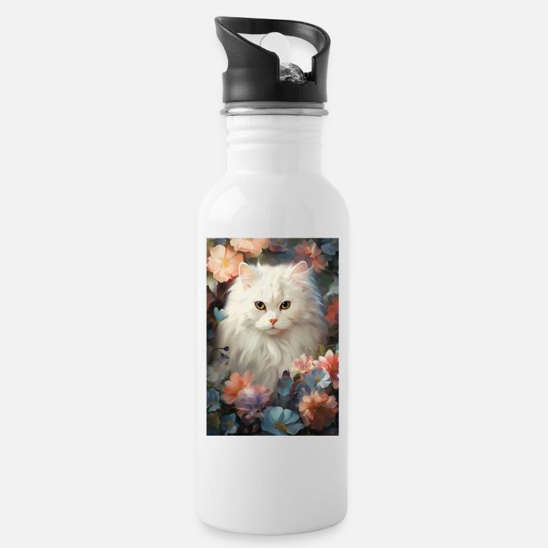 Chat dans le parterre de fleurs - Gourde avec paille intégrée - blanc