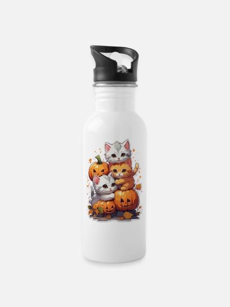 Kawaii Halloween Katze Kürbis Halloween Kostüm - Trinkflasche mit integriertem Trinkhalm - Weiß