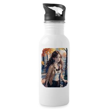 Junge Frau beim Herbst-Spaziergang - Trinkflasche mit integriertem Trinkhalm - Weiß - Rechts
