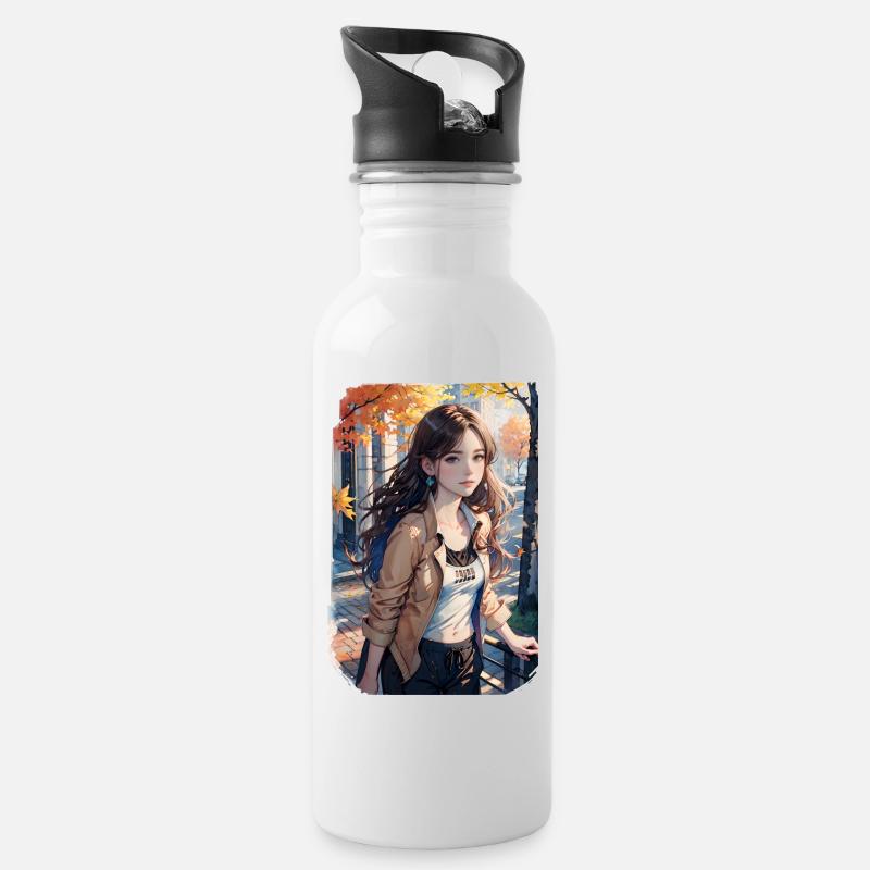 Junge Frau beim Herbst-Spaziergang - Trinkflasche mit integriertem Trinkhalm - Weiß