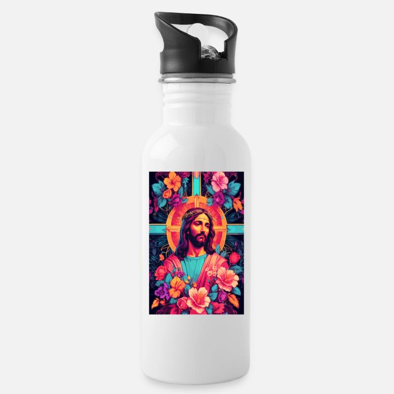 Jesus Christus - Trinkflasche mit integriertem Trinkhalm - Weiß
