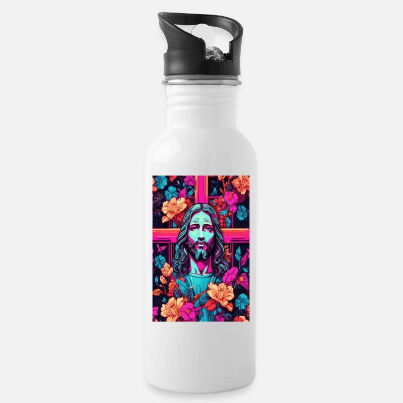 Jesus Christus - Trinkflasche mit integriertem Trinkhalm - Weiß