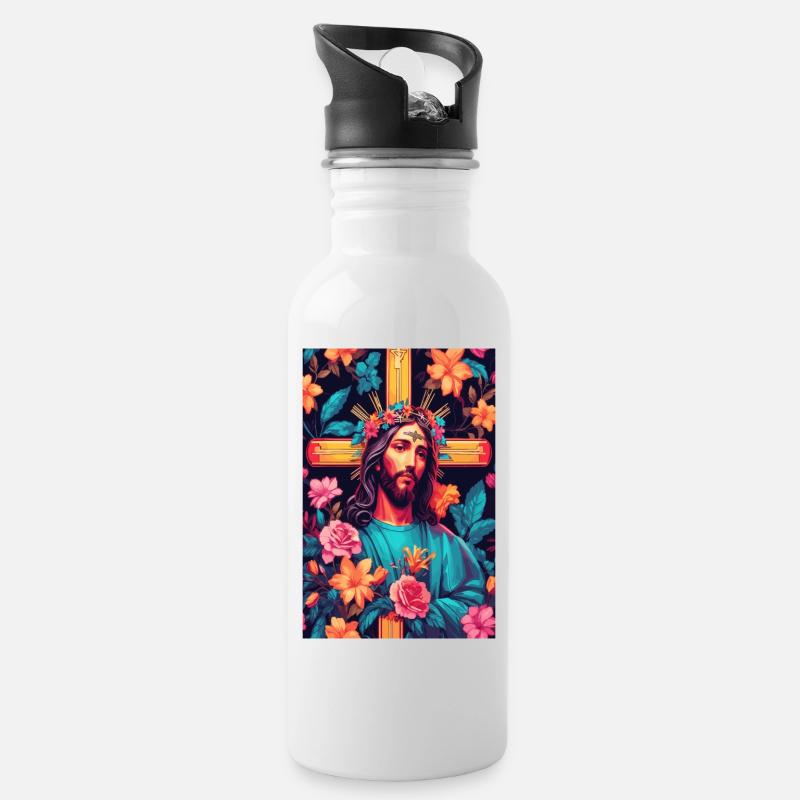 Jesus Christus - Trinkflasche mit integriertem Trinkhalm - Weiß