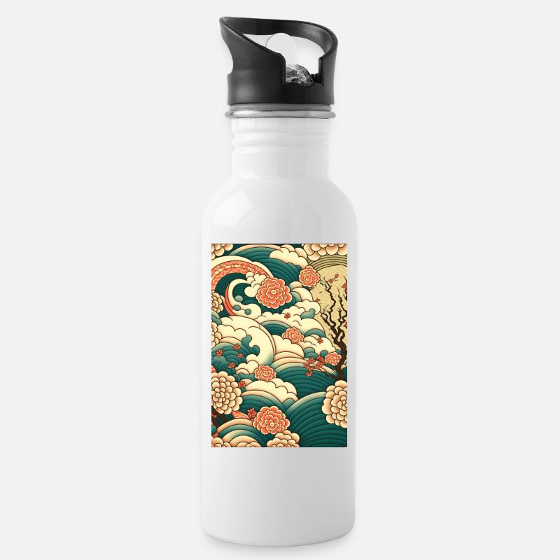 Wellenrosen Ukiyo-Wolken Muster - Trinkflasche mit integriertem Trinkhalm - Weiß