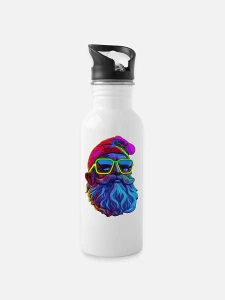 Neon Santa Popart - Trinkflasche mit integriertem Trinkhalm - Weiß