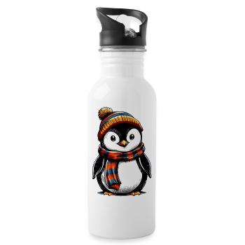 Pinguin mit Wollmütze und Schal - Trinkflasche mit integriertem Trinkhalm - Weiß - Rechts
