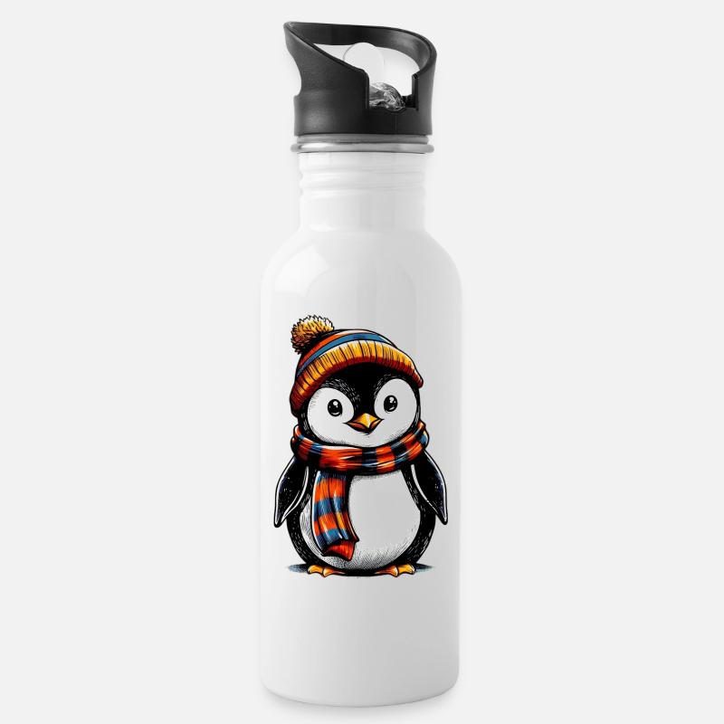 Pinguin mit Wollmütze und Schal - Trinkflasche mit integriertem Trinkhalm - Weiß