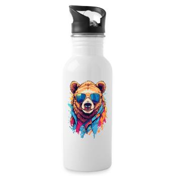 Cool Colourful Bear in Sunglasses - Water bottle with straw - white - Right