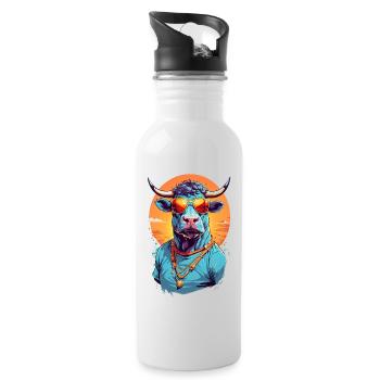 Cool Colourful Bull in Sunglasses - Water bottle with straw - white - Right