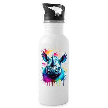 Nashorn Farbenfroh - Nashorn Rhino Rhinoceros - Trinkflasche mit integriertem Trinkhalm - Weiß - Rechts