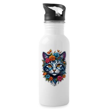 Katze und Blume Aquarell - Trinkflasche mit integriertem Trinkhalm - Weiß - Rechts