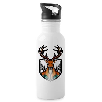 Großer Hirsch mit Geweih als Logo - Trinkflasche mit integriertem Trinkhalm - Weiß - Rechts