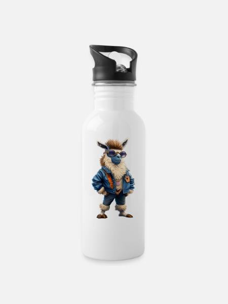 Hipster Lama - Trinkflasche mit integriertem Trinkhalm - Weiß