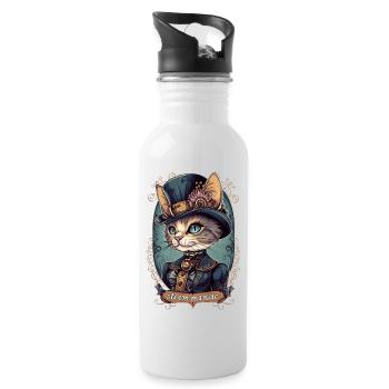 Viktorianische Steampunk Katze - Trinkflasche mit integriertem Trinkhalm - Weiß - Rechts