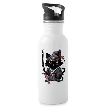 Ninja Katze - Samurai Kätzchen - Trinkflasche mit integriertem Trinkhalm - Weiß - Rechts