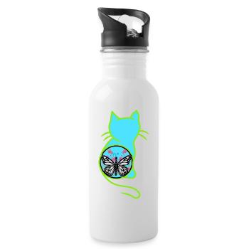 Vintage Retro Frühling Katze Schmetterling 80er - Trinkflasche mit integriertem Trinkhalm - Weiß - Rechts