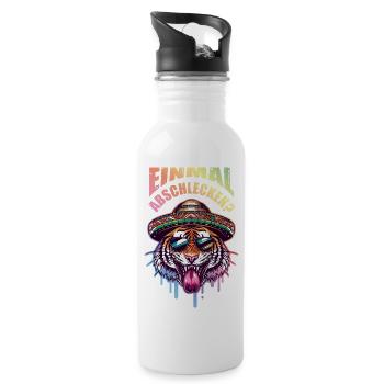 Tiger Abschlecken Party Spruch - Trinkflasche mit integriertem Trinkhalm - Weiß - Rechts