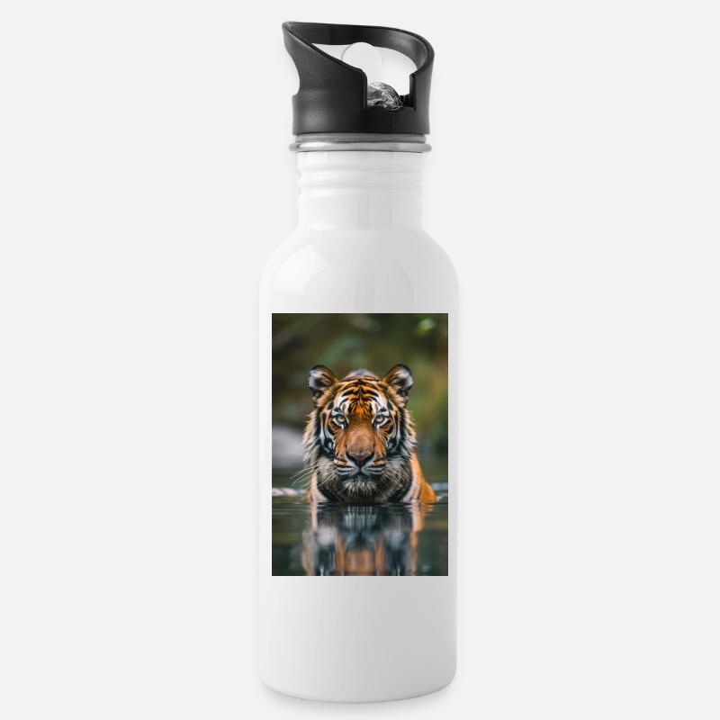 Tiger im Wasser | AI - Trinkflasche mit integriertem Trinkhalm - Weiß