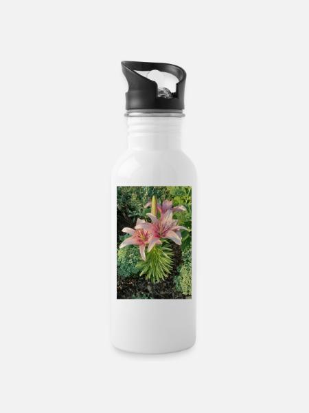 Lilienrosen Blütenpracht - Trinkflasche mit integriertem Trinkhalm - Weiß