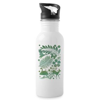 Natursilhouetten in Grün: Schwan, Farn und Hirsch - Trinkflasche mit integriertem Trinkhalm - Weiß - Rechts