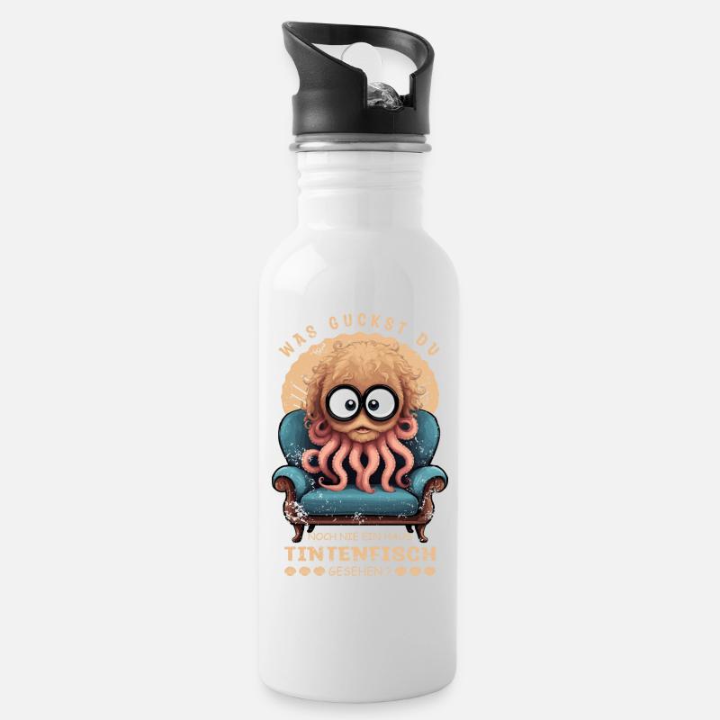 Lustige Tintenfisch - Trinkflasche mit integriertem Trinkhalm - Weiß