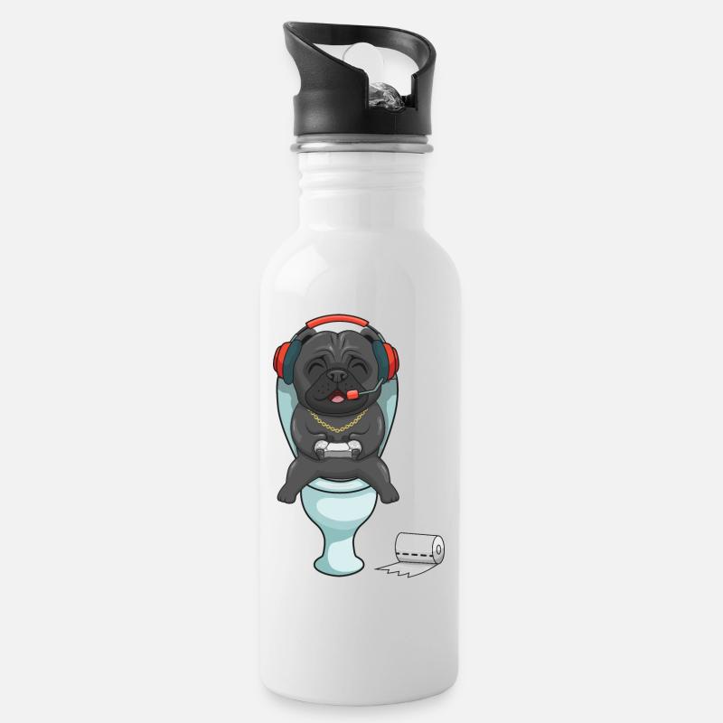 Hardcore Gamer Mops auf der Toilette zockt - Trinkflasche mit integriertem Trinkhalm - Weiß