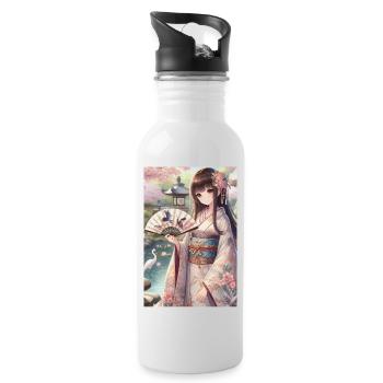 Elegante japanische Gelassenheit: Kimono, Kirschblüten - Trinkflasche mit integriertem Trinkhalm - Weiß - Rechts