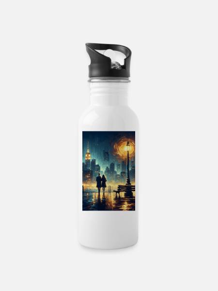 Love Scene in Front of City Lights - Water bottle with straw - white