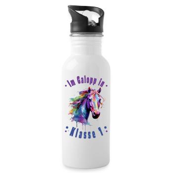 Einschulung - Im Galopp in Klasse 1 - Pferd Pferde - Trinkflasche mit integriertem Trinkhalm - Weiß - Rechts