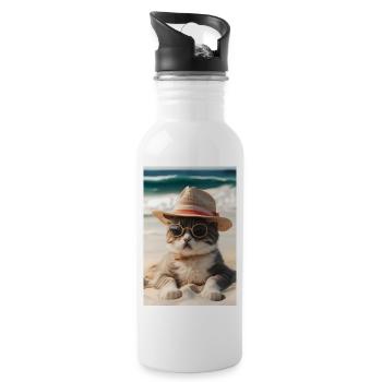 Chat cool sur la plage avec lunettes de soleil et chapeau - Gourde avec paille intégrée - blanc - Droite