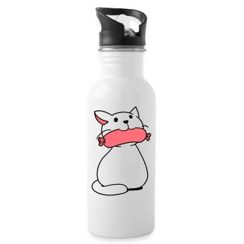 Chat mignon mange des saucisses la bouche mange des saucisses amusant - Gourde avec paille intégrée - blanc - Droite